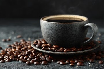 Dark Themed Coffee Setup Featuring Hot Coffee and Beans on a Black Wall Background