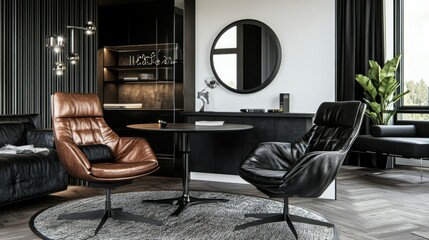 silver frame, A stylish round mirror hanging near a white wall in a modern room.