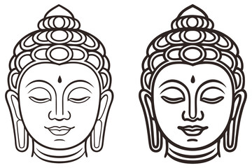 Two outlined Buddha faces show serenity with eyes closed in monochrome harmony