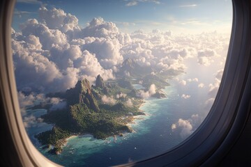 Airplane Flying Over Tropical Landscapes Representing Travel to Exotic Destinations