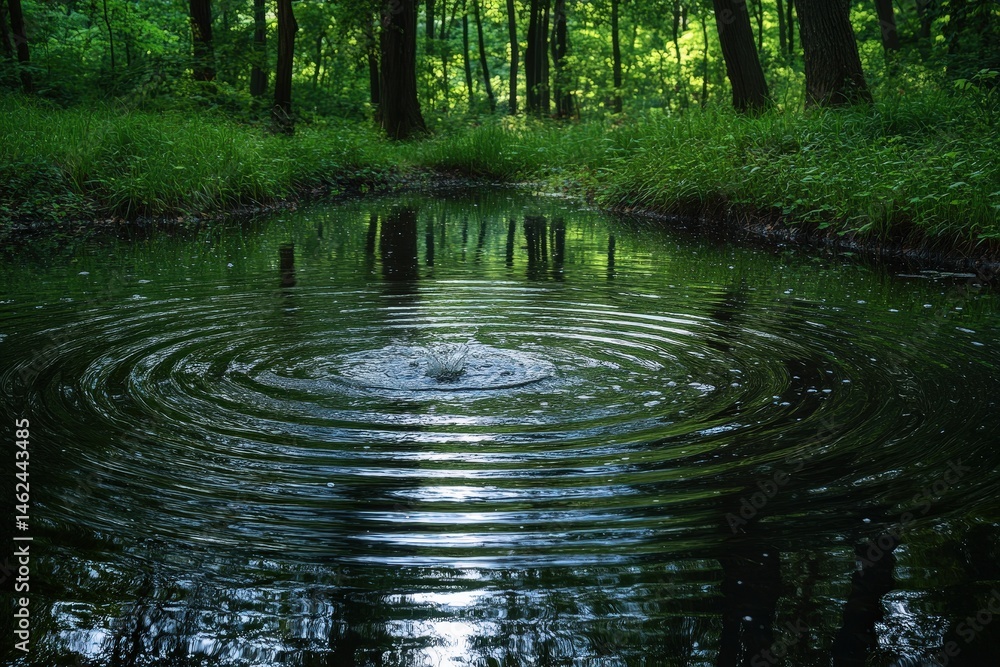 Poster ripples create calming patterns across the tranquil pond in a lush forest during a serene afternoon
