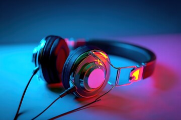 High Tech Headphones Captured in Neon Glow During an Energetic Nighttime Party
