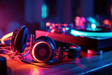 Contemporary Headphones Illuminated by Neon Night Lighting at a Vibrant Party Scene