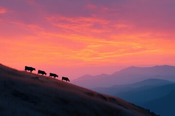 Scenic View of Cows Grazing on Rolling Hills at Sunset in the Countryside
