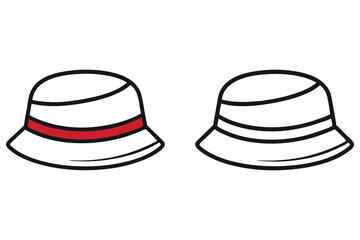 Two white cartoon bucket hats feature black outline, one with a red band are transparent