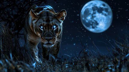 Majestic Lioness Under a Blue Moon