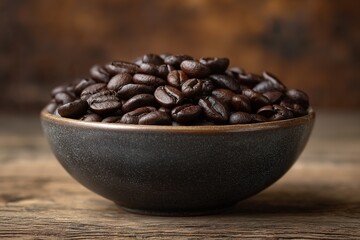 Classic Coffee Presentation with Deep Brown Beans in a Textured Bowl on a Vintage Wooden Table Surface

