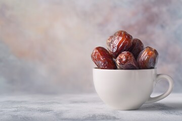 Fresh Organic Dates Beautifully Served in a White Cup on a Rustic Vintage Grunge Style Table Setting

