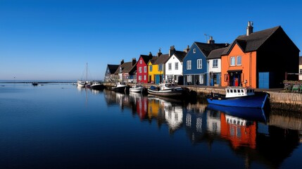 Fototapeta premium A quiet fishing village with colorful houses lining the waterfront