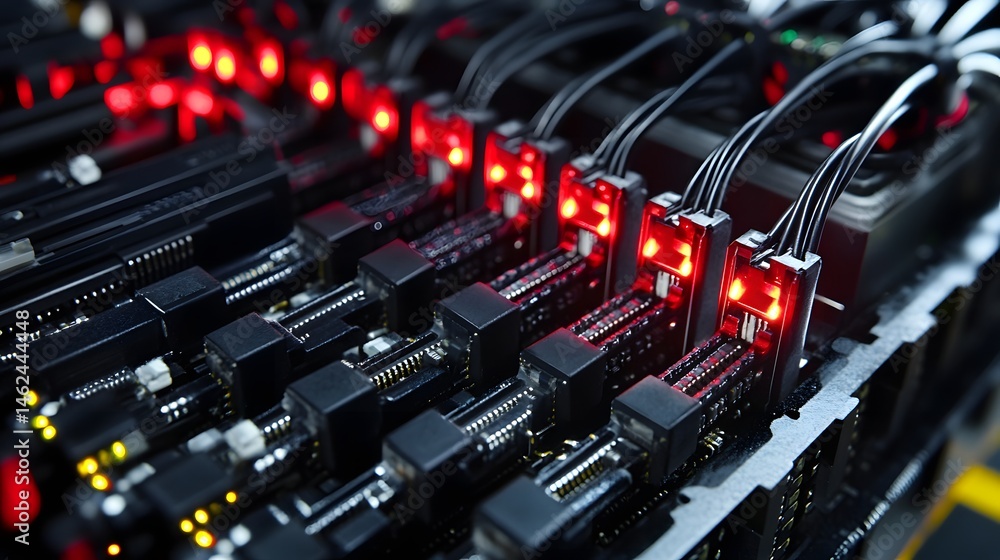 Poster close-up view of complex electronic circuit board with glowing red components.