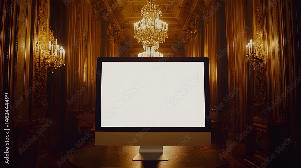 Poster empty computer screen in an opulent gilded hallway.