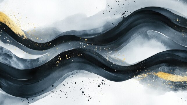 Abstract flowing waves of deep navy and gray, accented with gold flecks
