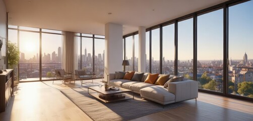 Sun-drenched modern apartment, panoramic city view,  sunlight,  skyscraper