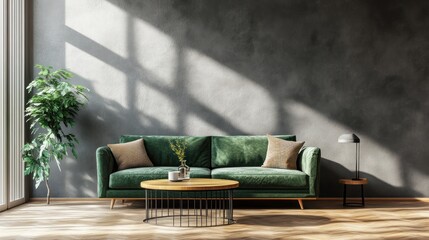 Sunlit Green Velvet Sofa in Modern Living Room