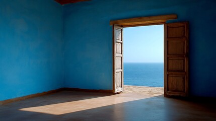 Fototapeta premium Ocean view through weathered doorway in blue painted room, minimalist