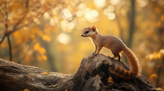 Small mammal perched on a fallen log in autumnal forest
