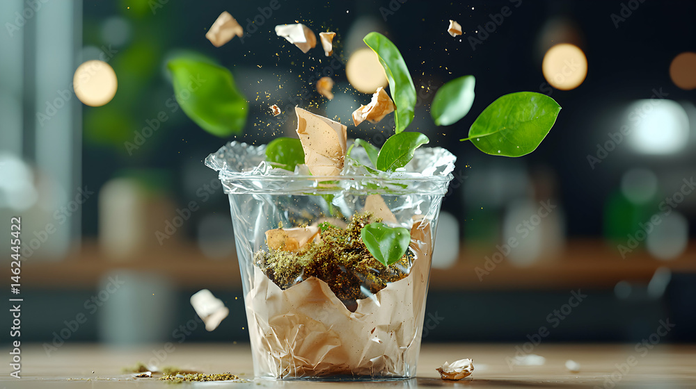 Poster a dynamic image showcasing a clear cup filled with ingredients. leaves and fragments float upwards. 
