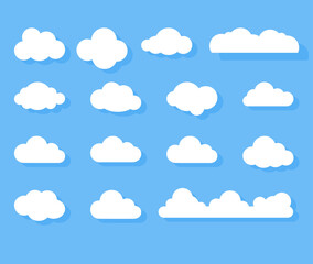 Flat Vector Cloud Icon Collection Minimal white cloud shapes with shadow on blue background