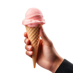 Hand holding a delicious pink ice cream cone