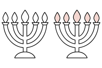 Two menorah sketches present black outlines, but one also has light pink candle flames