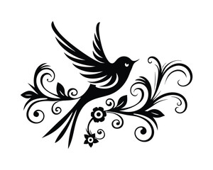 Obraz premium Ornate tribal hummingbird tattoo, decorative black and white bird vector on a white background