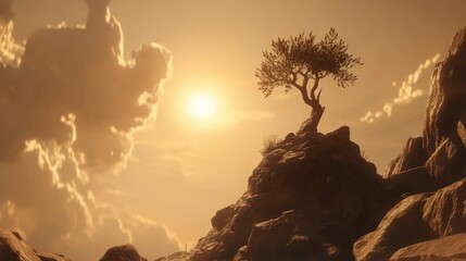 Solitary Tree on Rocky Peak at Golden Hour
