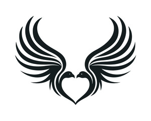 Fototapeta premium Two birds kissing in heart frame, decorative avian wedding logo icon on a white background