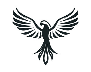 Fototapeta premium Elegant bird silhouette with spread wings, monochrome avian vector icon on a white background