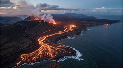 Fototapeta premium Aerial view of an erupting volcano with glowing lava flows streaming towards the ocean under dramatic skies.