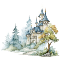 Obraz premium A watercolor castle stands tall amidst misty trees and foliage artwork.