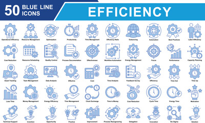 Efficiency Icon Set Collection. Containing Operational Efficiency, Resource Management, Optimization, Producticity, Cost Reduction, Time Management, Effective. Simple Blue Line Vector Illustration