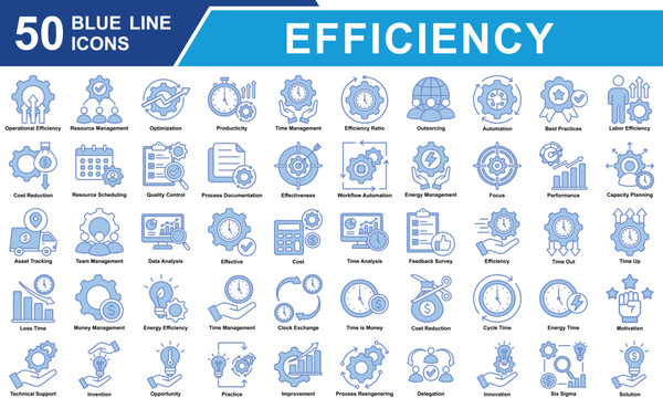 Efficiency Icon Set Collection. Containing Operational Efficiency, Resource Management, Optimization, Producticity, Cost Reduction, Time Management, Effective. Simple Blue Line Vector Illustration