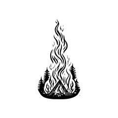 Stylized bonfire artwork featuring tall flames and silhouetted evergreen trees