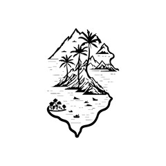 Minimalist monochrome island illustration with palms, mountains, and tranquil water