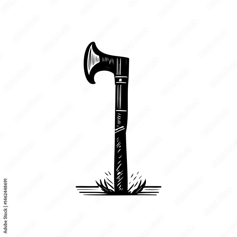 Poster monochrome graphic representation of an ancient axe embedded in a surface