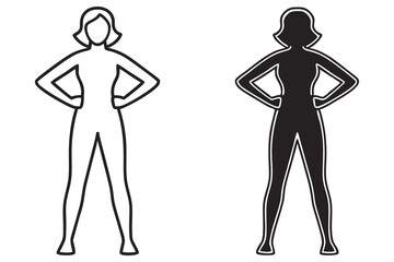 Strong woman silhouette standing confidently with hands on hips in white and black isolated