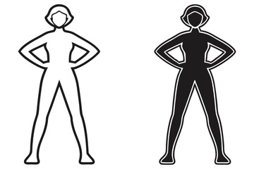 Confident woman stands with hands on hips in black and white contour drawing