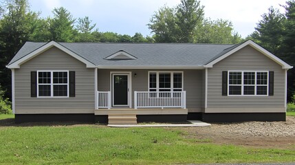 Exterior view of a modern home situated on a grassy lot.