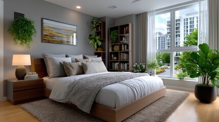 Interior bedroom design rendering with natural light and plants.