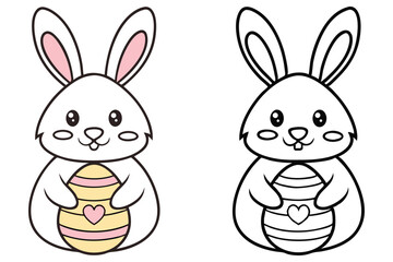 Fototapeta premium A cute bunny holds a colorful striped egg with a heart, one colored and outline