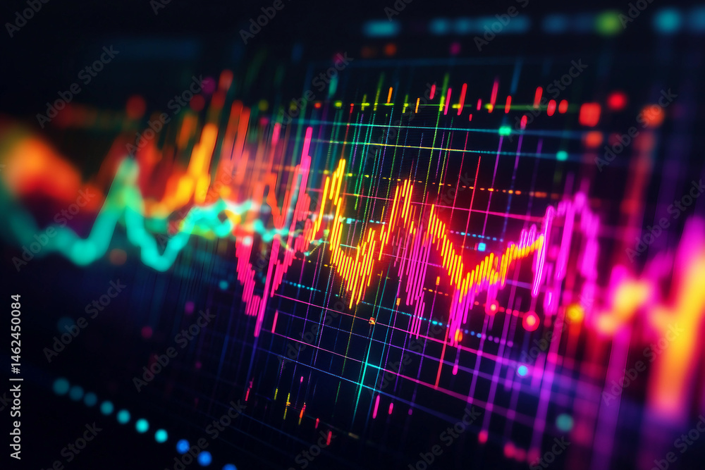 Poster a vivid abstract display charts and graphs with bright colors generated with ai