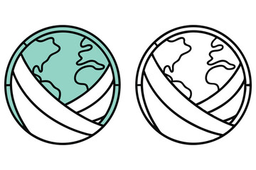 Globe in aqua color wrapped with bandage showcases outline drawing on transparent background