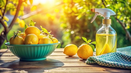 Vintage Sunny Lemonade: Fresh Lemons & Spray Bottle Stock Photo