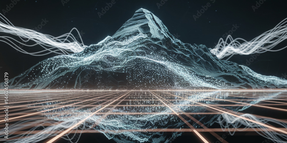 Poster abstract digital mountain landscape with glowing lines, showcasing a futuristic or technological con