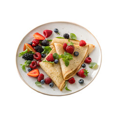 Delicious homemade crepes served on a plate with fresh berries and mint leaves , a healthy and sweet dessert, isolated on transparent background PNG file download.
