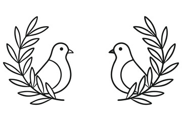 Two outline doves stand peacefully within leafy branches, creating an elegant minimalist monochrome composition