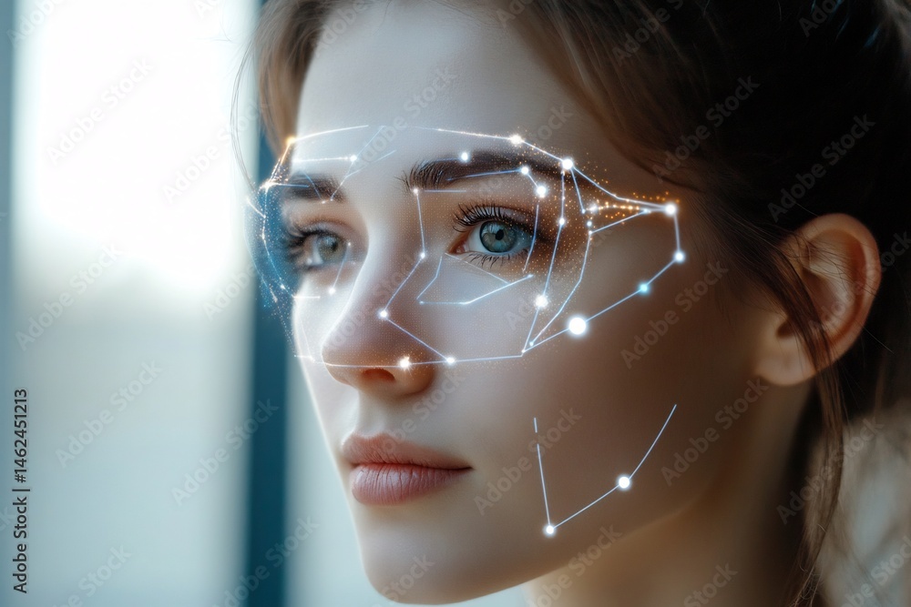 Poster advanced biometric face recognition technology, augmented reality interface overlay