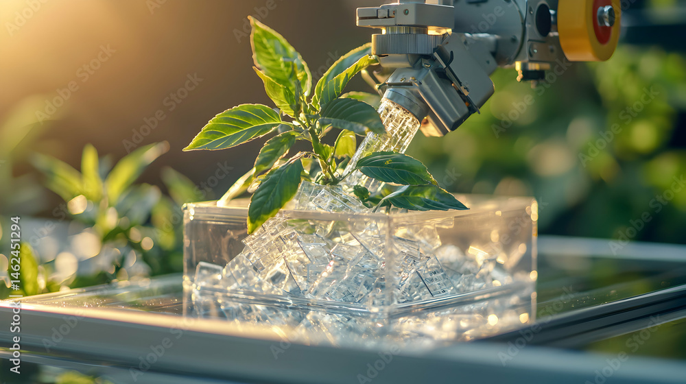 Poster a robotic arm tending to a plant in a glass container with geometric shapes. innovative technology a