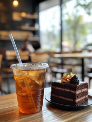 A refreshing iced tea served with a layered chocolate cake topped with cream and a berry, set on a wooden table in a cozy caf&eacute;.  
