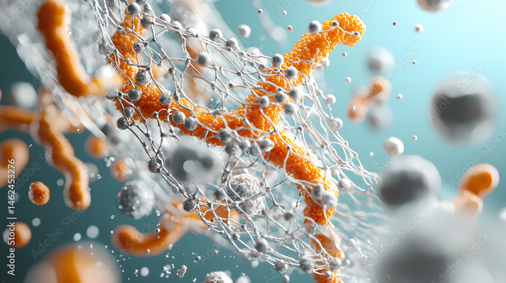 Poster a vibrant abstract image showcasing a microscopic world of interconnected structures. great for scie